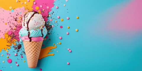 Fast food, Colorful ice cream cone with sprinkles against a vibrant blue and pink background.