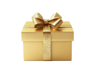 Fototapeta premium A luxury golden gift box with a shiny ribbon, realistic textures, soft shadows, placed on a white background.