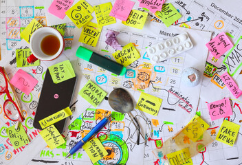 Calendars with business appointments,termination notice and adhesive notes on cluttered desk....