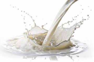 Creamy Milk Cascading Into A Pool, Creating A Breathtaking Splash Of Pure, Refreshing Dairy Delight Against A Bright White Background