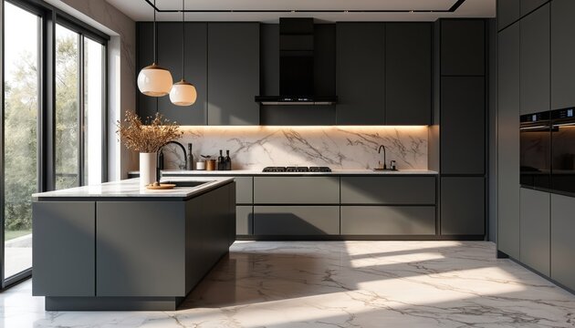 Front view of modern designer kitchen with smooth handleless cabinets, black edges, black glass appliances. Marble island, countertops, floor. Minimalist interior design with natural light from large