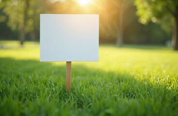 Blank white sign on vivid green grass lawn field. Summer day sun flares park scene. Empty yard billboard board, message banner. Spring environment garden frame. Ready for advertisement, message,