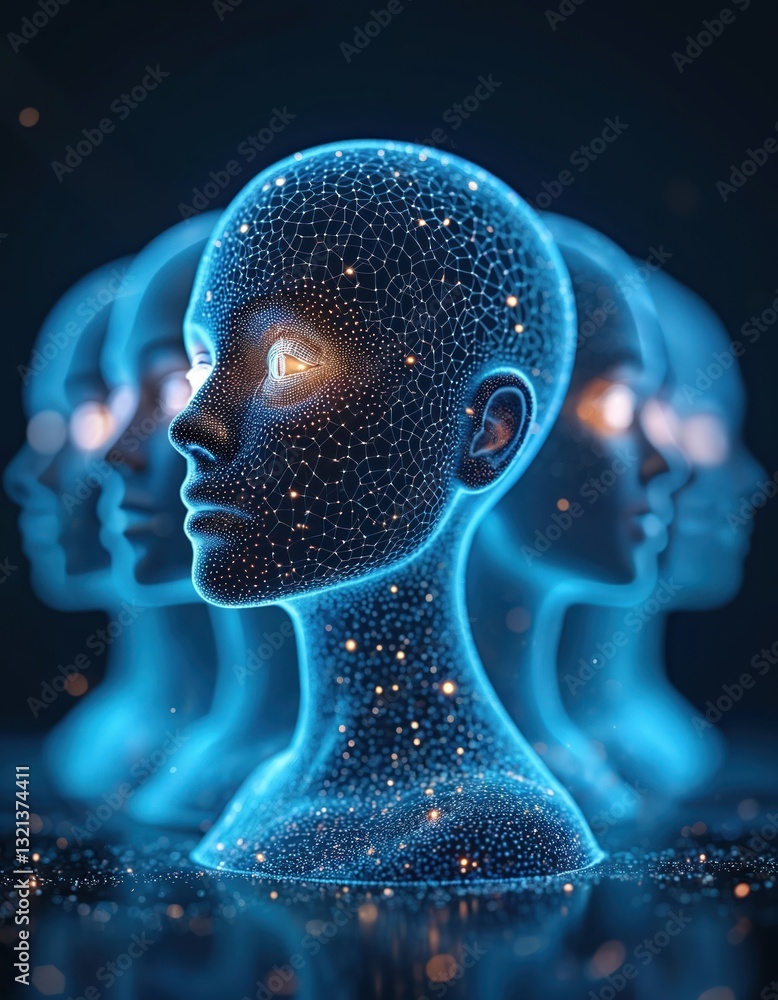 Leinwandbilder digital blue ai human figures with neural network. tech concept of modern artificial intelligence sy