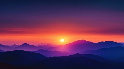Obraz premium A bold and dramatic background showcasing a sunset over a mountain range, with rich hues of orange, purple, and dark blue blending together. The scene should convey a sense of tranquility and awe,