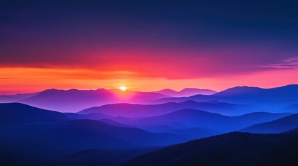 Obraz premium A bold and dramatic background showcasing a sunset over a mountain range, with rich hues of orange, purple, and dark blue blending together. The scene should convey a sense of tranquility and awe,