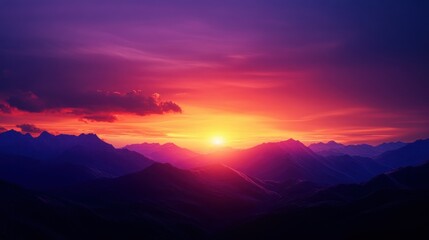 Obraz premium A bold and dramatic background showcasing a sunset over a mountain range, with rich hues of orange, purple, and dark blue blending together. The scene should convey a sense of tranquility and awe,