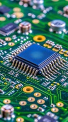 Close up view of a circuit board featuring a central blue microchip, surrounded by various electronic components. Green circuit board with gold connectors.