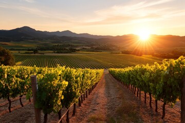 Fototapeta premium Bright sunset over a lush vineyard with rolling hills in the background showcasing nature's beauty in the evening light