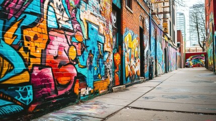 Fototapeta premium An urban scene with a bold graffiti wall, filled with colorful street art designs and patterns. The setting should capture the essence of creative expression and urban culture