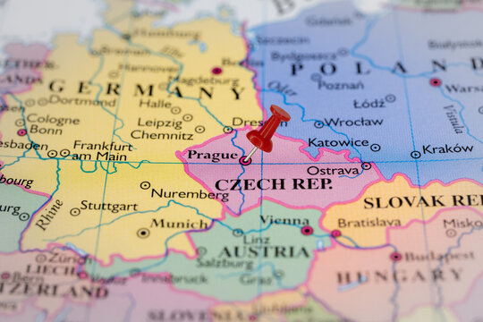 Colorful tourist location map with red stick pin at  Prague, Czech Republic, and the surrounding countries