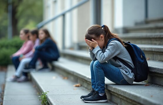 Upset schoolgirl sits alone on stairs hiding face while other girls sit and chat in background. Social exclusion bullying abuse. Sad kid with backpack. School problems. Childhood depression.