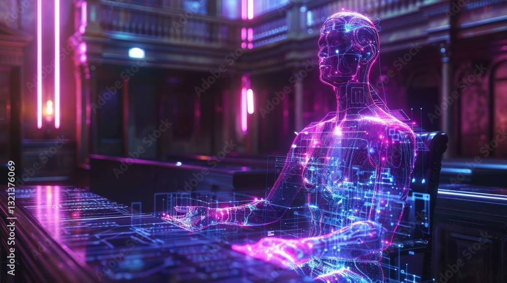 Poster virtual hologram of ai used in a futuristic trial setting within a high-tech judiciary environment