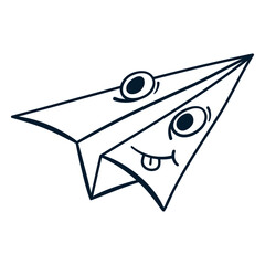 Playful Paper Plane: A charming, cartoon-style illustration of a paper airplane with a cheerful expression, ready for imaginative adventures and joyful journeys.