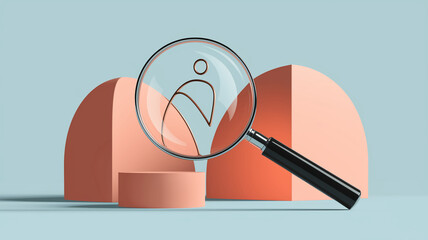 Magnifying glass over abstract person icon on pastel peach and blue background, showcasing recruitment, search, or talent acquisition concept