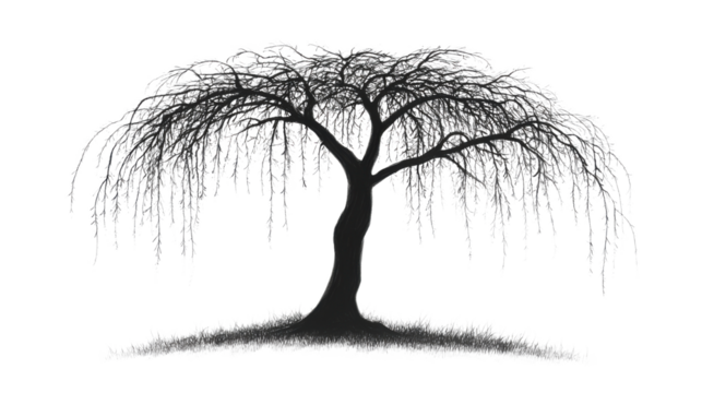 silhouette of a willow tree isolated on white background