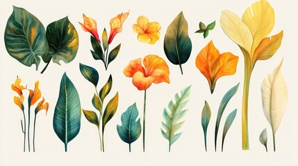 Vibrant botanical illustration featuring various leaves and flowers in shades of green, orange, and yellow on a light background