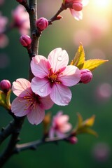 Obraz premium Spring morning dew on a blossoming cherry branch, petals, blooming, greenery