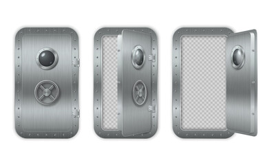 Obraz premium Metal realistic closed and open doors with rivets and round glass portholes. Vector 3d illustration.