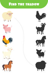 Kids educational game, farm animals shadow matching, preschool activity, learning game, vector illustration