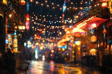 People walking in the rain on a dark and wet city street, perfect for depicting urban scenes or weather conditions