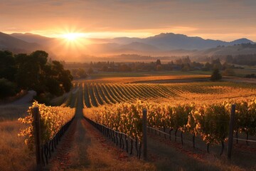 Obraz premium Golden sunset over vineyards in a serene valley creates a picturesque autumn landscape