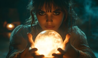 Naklejka premium a woman holding a crystal ball with a mysterious and enigmatic look on her face.