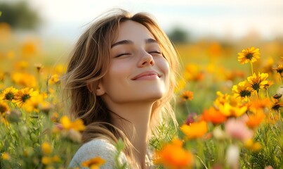 a woman smiling with eyes closed in a field of flowers