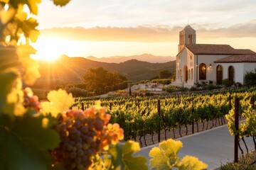Naklejka premium Beautiful vineyard at sunset with a charming chapel overlooking rolling hills