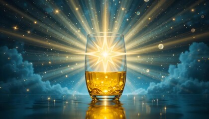 A captivating image of a glass filled with a golden liquid, set against a dramatic night sky with radiant starbursts.