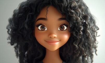 Fototapeta premium an illustrated portrait of a young woman with curly hair, smiling at the viewer.