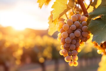 Golden sunlight illuminates ripe grapes hanging on a vine during harvest season in a vineyard at sunset