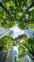 Urban greenery embracing skyscrapers city center nature photography lush environment upward perspective sustainable concepts