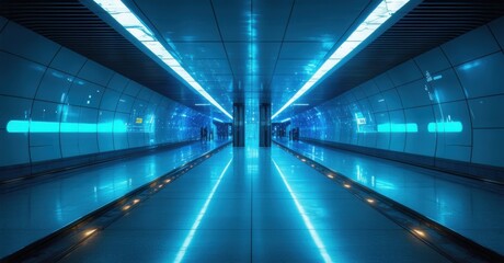 Fototapeta premium Futuristic metro station with digital touchless ticketing and smart energy efficient lights cool blue glow symbolizing urban transit evolution