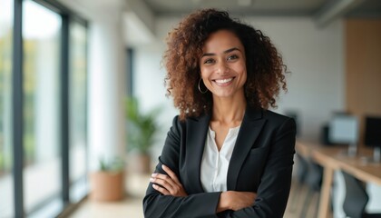 Successful business leader portrait. Confident woman standing arms crossed, shows happy face in office. Businesswoman in suit posing with arms crossed in modern office workspace.