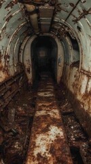 Fototapeta premium Dark and rusty interior of an abandoned, possibly military, tunnel. The floor and walls show significant decay and debris. Low light creates a somber atmosphere.