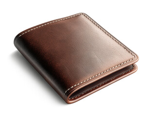 A stylish leather wallet with detailed stitching and embossed logo, realistic textures, isolated on a pure white background