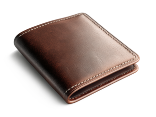 A stylish leather wallet with detailed stitching and embossed logo, realistic textures, isolated on a pure white background