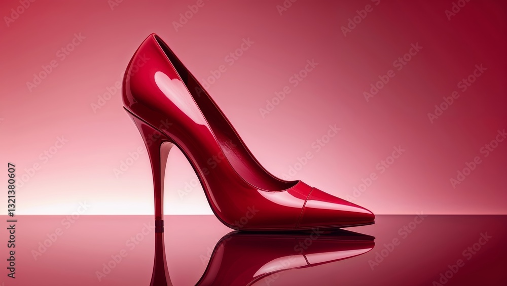 Poster elegant red high heel shoe displayed on reflective surface with soft gradient background