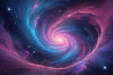 A stunning abstract cosmic background with swirling nebulas, glowing stars, and deep space elements in vibrant colors.
