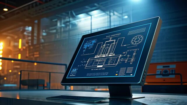 Blueprint displayed on a computer screen in a modern industrial workspace with machinery in background