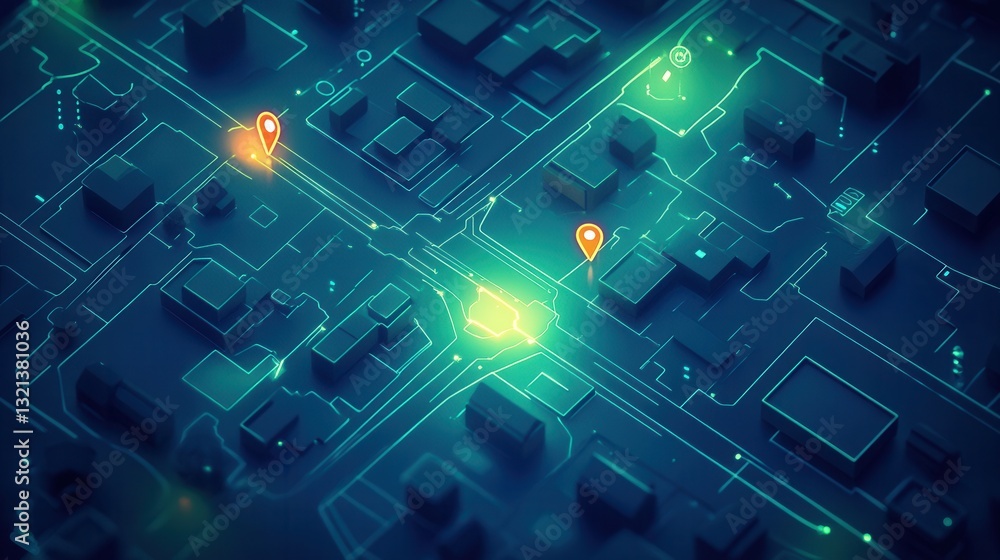 Aufkleber digital city map featuring delivery icons and a glowing path leading home in a futuristic urban desi