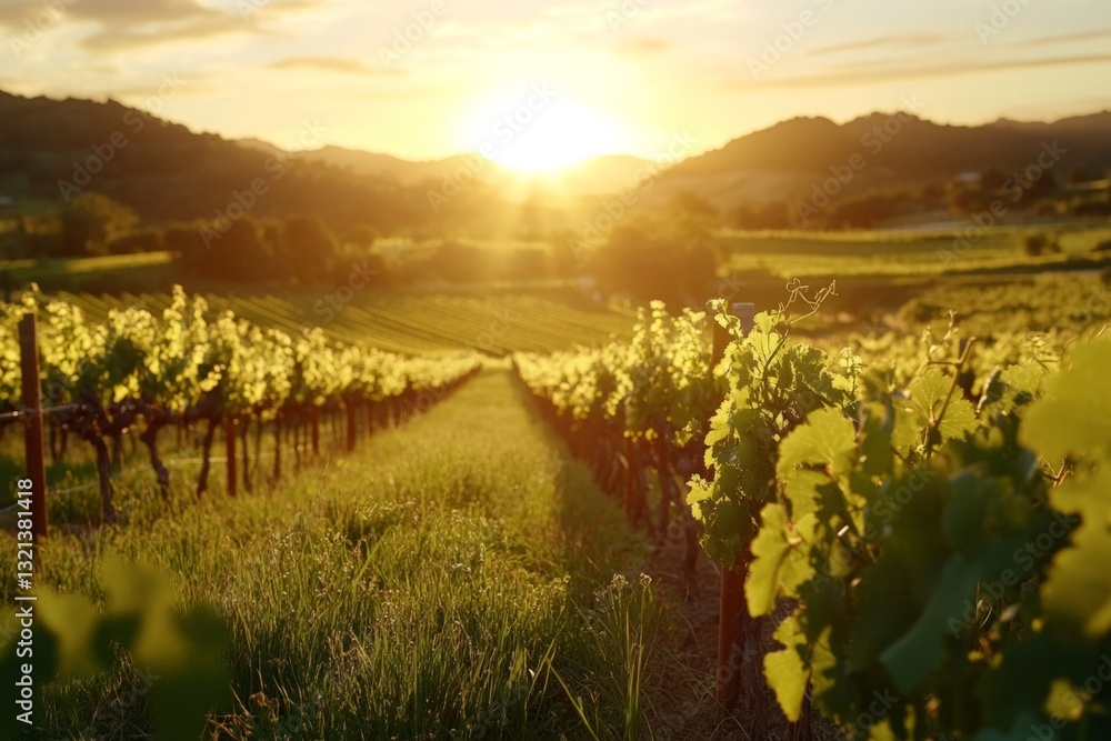 Poster sunset over lush vineyard rows with rolling hills in the background, capturing the essence of grape 