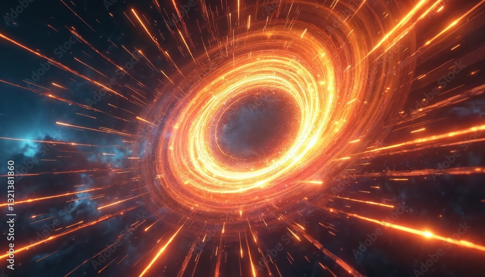 Poster abstract orange wormhole in space time continuum. streaking lights around portal. sci-fi concept of 