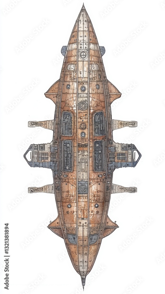 Poster top down view of a large, beige spaceship with intricate details and a symmetrical design. the vesse