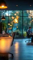 Quiet evening in a modern office with desk lamps and an employee working late