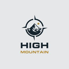 Landscape Mountain with sun Compass north logo design. Peak summit high ridge for Travel Adventure Outdoor 