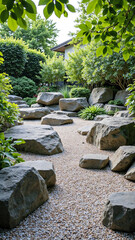 Serene and contemplative space of a rock garden with its carefully arranged stones and gravel exudes a tranquil and meditative quality
