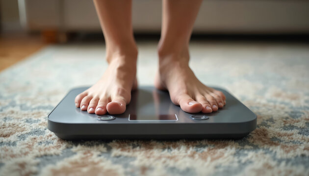 Close-up woman bare feet on weight scale at home. Female measures weight to track fitness progress, body shape, control diet intake. Healthy lifestyle concept.