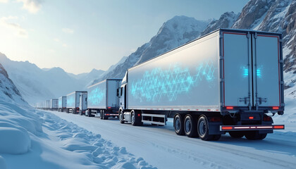 Trucks with connected sensors optimize temperature controlled shipments driving along snowy road in mountains. Logistics network supply chain featuring datum automation efficiency for monitoring