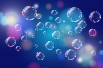 Soap bubbles on a blue background with bokeh effect, vector illustration.EPS 10.